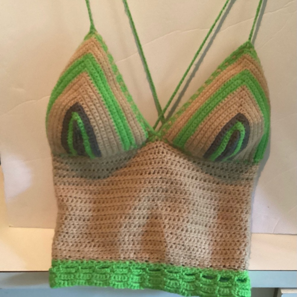 Green and Tan Crochet Tank Top/ Halter